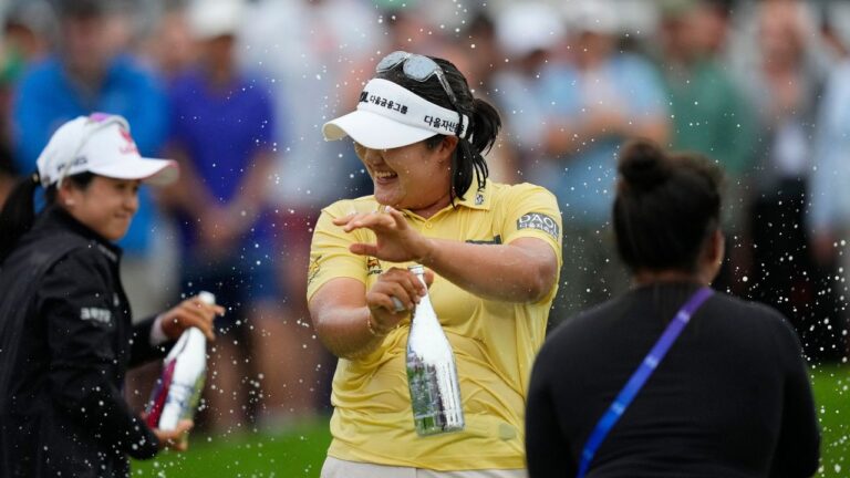 Haeran Ryu, of South Korea, celebrates on the 18th green after winning the Women's PGA Championship golf tournament at Hazeltine National Golf Club, Sunday, June 28, 2026, in Chaska, Minn. (Matt York/AP)