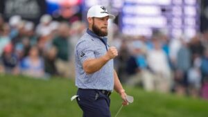Tyrrell Hatton reacts to his shot on the seventh green during the second round of the PGA Championship golf tournament at Aronimink Golf Club, Friday, May 15, 2026, in Newtown Square, PA. (Frank Franklin II/AP)