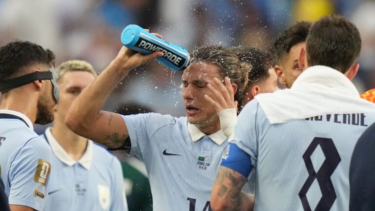 Uruguay's Agustin Canobbio cools off during a hydration break in a World Cup match in Miami Gardens, Fla., Monday, June 15, 2026. (Lynne Sladky/AP)