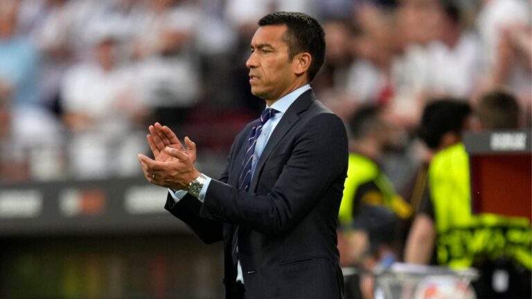Giovanni van Bronckhorst during the Europa League final soccer match between Eintracht Frankfurt and Rangers FC at the Ramon Sanchez Pizjuan stadium in Seville, Spain, on May 18, 2022. (Manu Fernandez/AP)