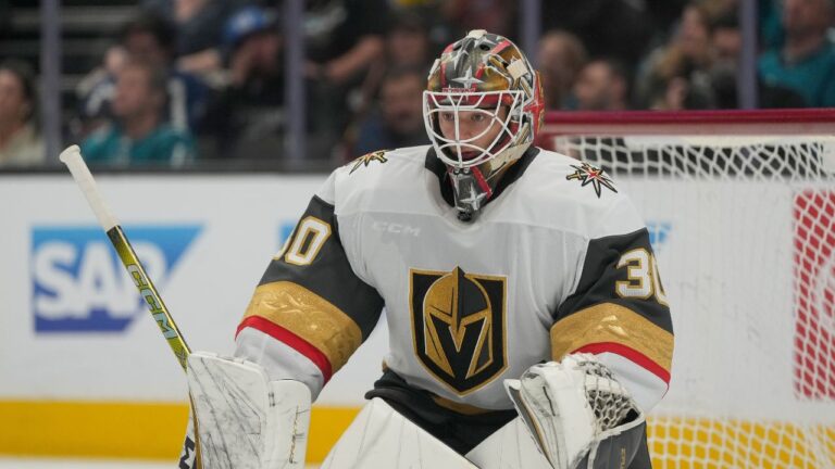 Vegas Golden Knights goaltender Carl Lindbom during an NHL hockey game against the San Jose Sharks in San Jose, Calif., Sunday, Jan. 11, 2026. (Jeff Chiu/AP)