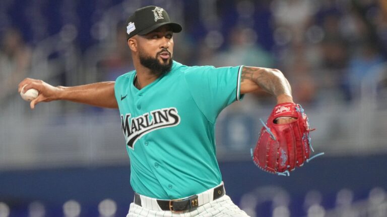 Miami Marlins starting pitcher Sandy Alcantara aims a pitch during the first inning of a baseball game against the Tampa Bay Rays Sunday, June 7, 2026, in Miami. (Marta Lavandier/AP)