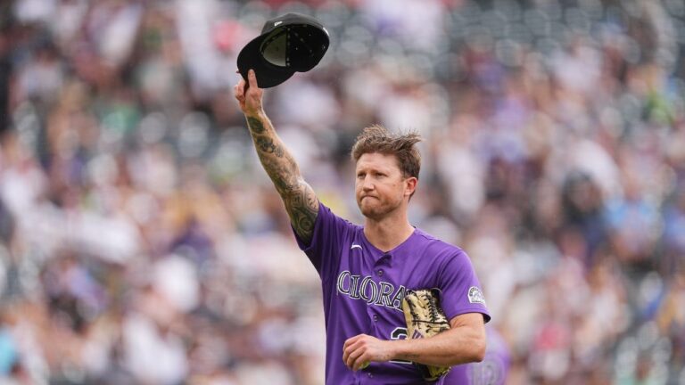 Colorado Rockies starting pitcher Kyle Freeland acknowledges the applause of the crowd after he retired Milwaukee Brewers' Luis Rengifo to become the Rockies' pitcher to log the most innings in the club's history, in the fifth inning of a baseball game, Sunday, June 7, 2026, in Denver. (David Zalubowski/AP)