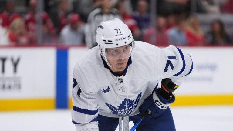 Toronto Maple Leafs' Vinni Lettieri plays against the Detroit Red Wings in the first period of a pre-season NHL hockey game Saturday, Oct. 4, 2025, in Detroit. (Paul Sancya/AP)