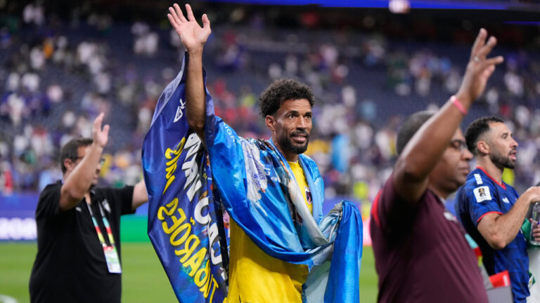 Cape Verde goalkeeper Vozinha celebrates after the World Cup Group H soccer match between Cape Verde and Saudi Arabia in Houston, Friday, June 26, 2026. (Photo by Ashley Landis/AP) 