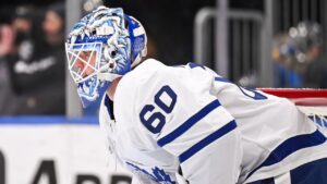 Toronto Maple Leafs goaltender Joseph Woll looks on during the second period of an NHL hockey game against the St. Louis Blues Saturday, March 28, 2026, in St. Louis. (Connor Hamilton/AP)