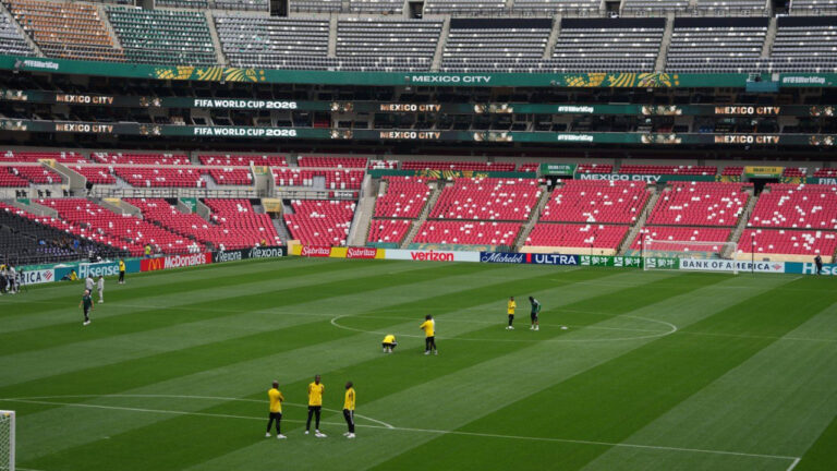 Playes of South Africa visit the stadium in Mexico City, Wednesday, June 10, 2026, a day before their opening FIFA World Cup match against Mexico. (Eduardo Verdugo/AP)