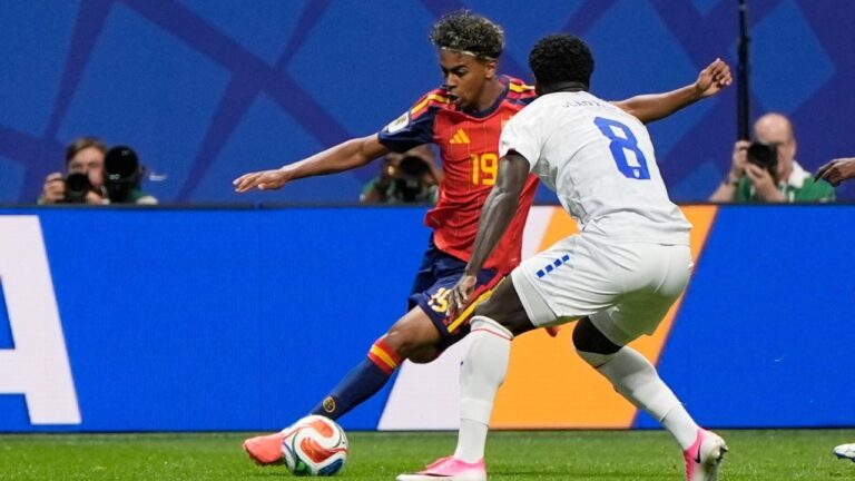 Spain's Lamine Yamal, background, controls the ball as Cape Verde's Joao Paulo defends during the World Cup Group H soccer match between Spain and Cape Verde in Atlanta, Monday, June 15, 2026. (Mike Stewart/AP)