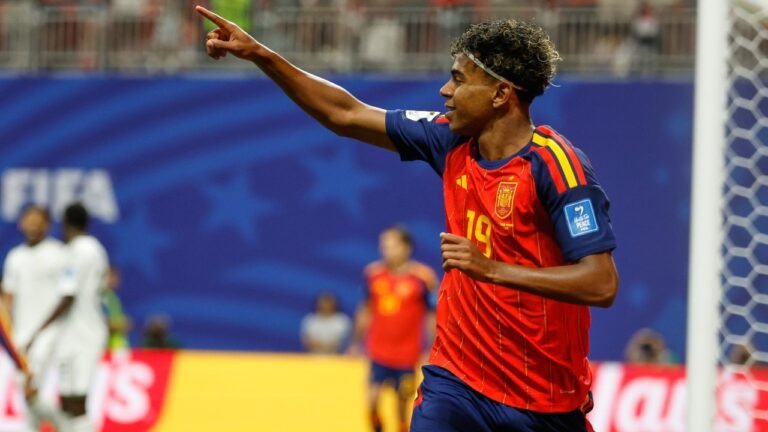 Spain's Lamine Yamal celebrates after scoring his side's opening goal during the World Cup Group H soccer match between Spain and Saudi Arabia in Atlanta, Sunday, June 21, 2026. (AP Photo/Erik S.Lesser)