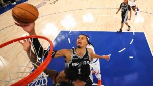 San Antonio Spurs forward Victor Wembanyama (1) shoots against the New York Knicks during the second half of Game 4 of the NBA Finals basketball series, Monday, June 8, 2026, in New York. (Al Bello/Pool Photo via AP)