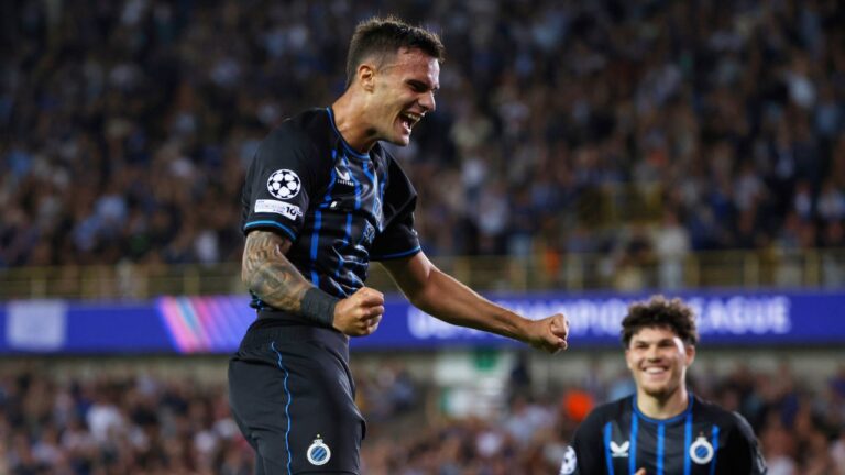 Brugge's Aleksandar Stankovic, left, celebrates after scoring his sides fourth goal during the Champions League play-off second leg soccer match between Rangers FC and Club Brugge at the Jan Breydel stadium in Brugges, Belgium, Wednesday, Aug. 27, 2025. (Omar Havana/AP)