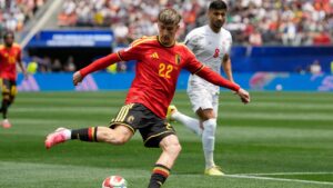 Belgium's Alexis Saelemaekers passes the ball during the World Cup Group G soccer match between Belgium and Iran in Inglewood, Calif., near Los Angeles, Sunday, June 21, 2026. (Andre Penner/AP)