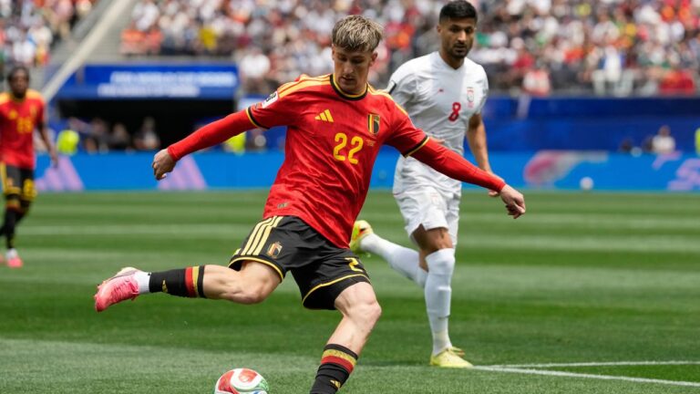 Belgium's Alexis Saelemaekers passes the ball during the World Cup Group G soccer match between Belgium and Iran in Inglewood, Calif., near Los Angeles, Sunday, June 21, 2026. (Andre Penner/AP)