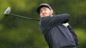 Canadian Matthew Anderson hits his approach shot on the eighth hole during final round at the Canadian Open in Caledon, Ont., on on Sunday, June 14, 2026. (Nathan Denette/CP)