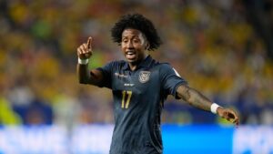 Ecuador's Angelo Preciado (17) yells out to teammates during the World Cup Group E soccer match between Ivory Coast and Ecuador in Philadelphia, Sunday, June 14, 2026. (Matt Slocum/AP)