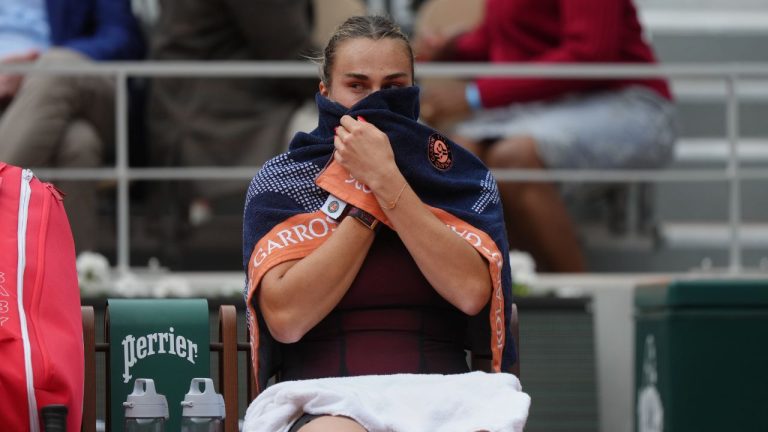 Aryna Sabalenka of Belarus takes break between the games during the quarterfinal tennis match against Russia's Diana Shnaider at the French Open in Paris, Wednesday, June 3, 2026. (Aurelien Morissard/AP)