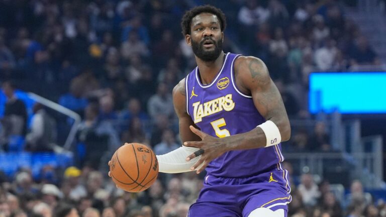 Los Angeles Lakers centre Deandre Ayton (5) during an NBA basketball game against the Golden State Warriors in San Francisco, Thursday, April 9, 2026. (Jeff Chiu/AP)