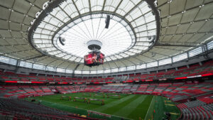 The interior of B.C. Place stadium is seen with the retractable roof closed ahead of the FIFA World Cup, in Vancouver, on Monday, June 8, 2026. (Darryl Dyck/CP)