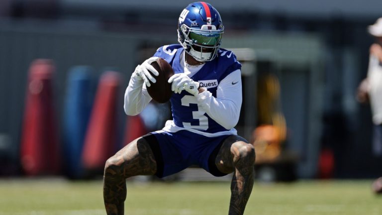 New York Giants wide receiver Odell Beckham Jr. (3) during an NFL football practice Wednesday, June 3, 2026, in East Rutherford, N.J. (Adam Hunger/AP Photo)