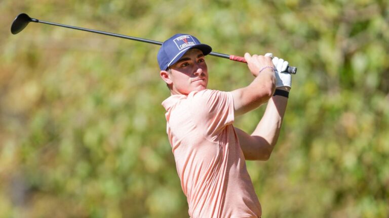 Virginia golfer Ben James hits a tee shot during an NCAA golf tournament on Friday, Oct. 24, 2025 in Alpharetta, Ga. (Stew Milne/AP)