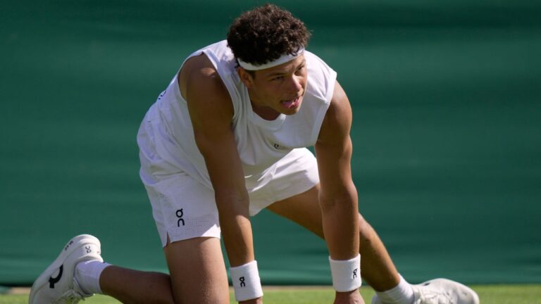 Ben Shelton of the United States reacts as he plays Otto Virtanen of Finland during their men's singles match at the Wimbledon Tennis Championships in London, Tuesday, June 30, 2026.(Brian Inganga/AP)