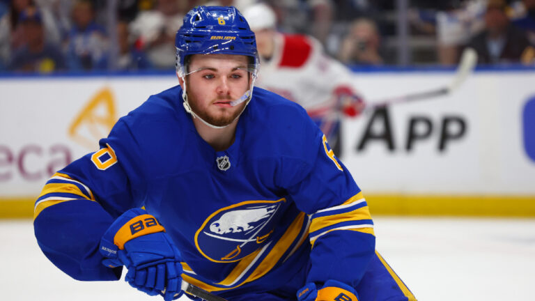 Buffalo Sabres left wing Zach Benson (6) skates during the first period in Game 7 of a second-round NHL hockey Stanley Cup playoff series against the Montreal Canadiens Monday, May 18, 2026, in Buffalo, N.Y. (Jeffrey T. Barnes/AP)