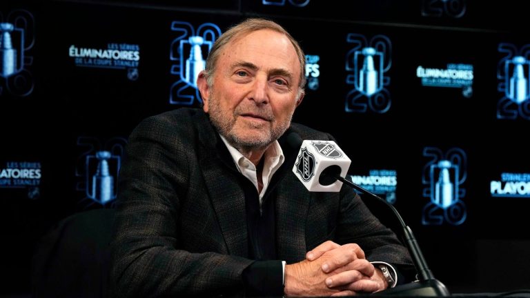 NHL commissioner Gary Bettman speaks before an NHL playoff hockey game between the Ottawa Senators and the Carolina Hurricanes in Ottawa, on Thursday, April 23, 2026. (Justin Tang/THE CANADIAN PRESS)