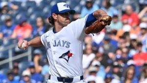 Toronto Blue Jays pitcher Shane Bieber (57) works against the Houston Astros during first inning MLB baseball action in Toronto on Tuesday, June 23, 2026. (Jon Blacker/CP)