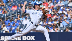 Toronto Blue Jays pitcher Shane Bieber (57) works against the Houston Astros during first inning MLB baseball action in Toronto on Tuesday, June 23, 2026. (Jon Blacker/CP)