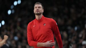 Portland Trail Blazers acting head coach Tiago Splitter reacts to a play during the first half in Game 2 of a first-round NBA playoffs basketball series against the San Antonio Spurs in San Antonio, Tuesday, April 21, 2026. (Eric Gay/AP)