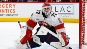 Florida Panthers goaltender Sergei Bobrovsky (72) watches the puck against the Carolina Hurricanes during the second period of an NHL hockey game in Raleigh, N.C., Friday, Jan. 16, 2026. (Karl DeBlaker/AP)