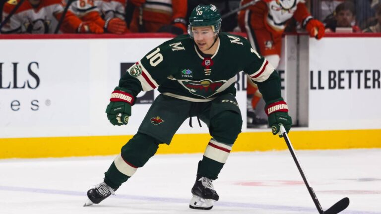 Minnesota Wild's Bobby Brink (10) skates against the Anaheim Ducks during the first period of an NHL hockey game Tuesday, April 14, 2026, in St. Paul, Minn. (Lily Dozier/AP)