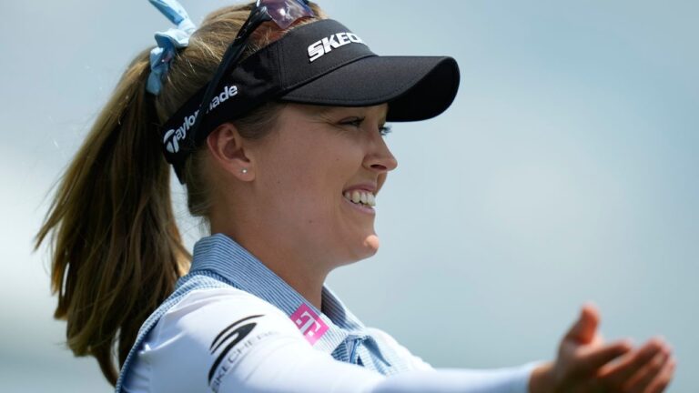 Brooke Henderson, of Canada, reacts after finishing the first round of the Women's PGA Championship golf tournament, Thursday, June 25, 2026, in Chaska, Minn. (Matt York/AP)