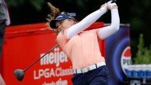 Brooke M. Henderson, of Canada, watches her tee shot on the eighth hole during the final round of the Meijer LPGA Classic golf tournament, Sunday, June 21, 2026, in Belmont, Mich. (Al Goldis/AP)