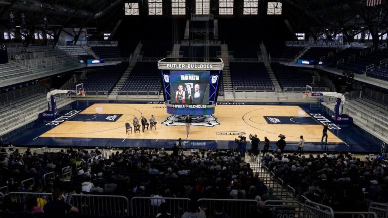 Butler's head coach Thad Matta speaks after he was introduced during an NCAA college basketball news conference at Hinkle Fieldhouse, April 6, 2022, in Indianapolis. (Darron Cummings/AP)