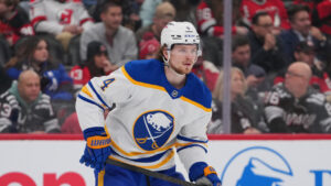 Buffalo Sabres' Bowen Byram (4) during the second period of an NHL hockey game against the New Jersey Devils Wednesday, Feb. 25, 2026, in Newark, N.J. (Frank Franklin II/AP)