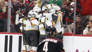 Vegas Golden Knights celebrate a goal by Tomas Hertl, during the third period in Game 1 of the NHL hockey Stanley Cup Final series against the Carolina Hurricanes in Raleigh, N.C., Tuesday, June 2, 2026. (Karl DeBlaker/AP Photo)