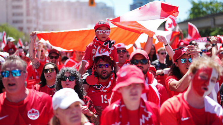 Canada soccer fans march prior to a World Cup Group B soccer match, against Qatar in Vancouver, on Thursday, June 18, 2026. (Ethan Cairns/CP)