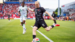 Canada's Liam Millar (11) shoots against the Republic of Ireland during first half International Friendly soccer action in Montreal, on Friday, June 5, 2026. (Christopher Katsarov/CP)