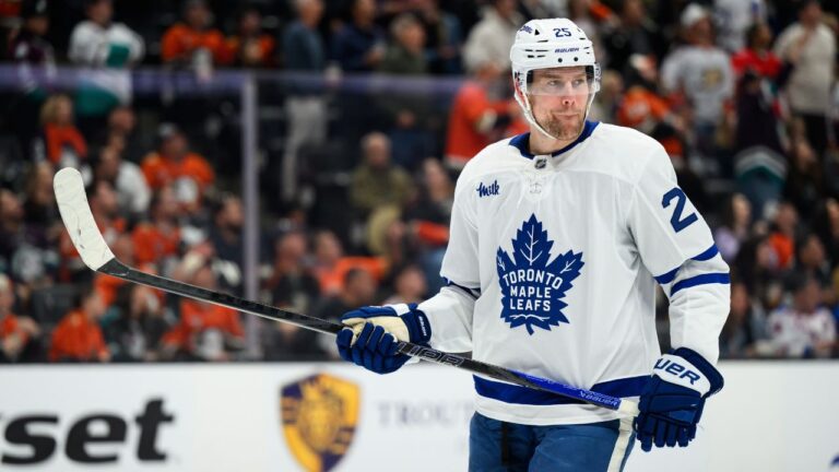 Toronto Maple Leafs defenceman Brandon Carlo looks on during the first period of an NHL hockey game against the Anaheim Ducks, Monday, March 30, 2026, in Anaheim, Calif. (William Liang/AP)