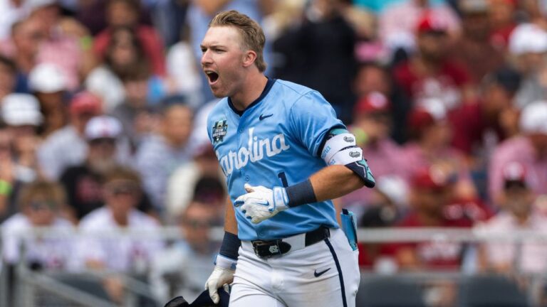 North Carolina's Cooper Nicholson celebrates after hitting a two-run home run against Oklahoma in the seventh inning of Game 2 of the NCAA College World Series baseball finals in Omaha, Neb., Sunday, June 21, 2026. (Rebecca S. Gratz/AP Photo)