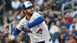 Toronto Blue Jays pitcher Dylan Cease (84) throws to a Houston Astros batter during first inning MLB baseball action in Toronto, Monday, June 22, 2026. (Jon Blacker/CP)