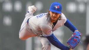 Toronto Blue Jays' Dylan Cease follows through on a pitch to a Boston Red Sox batter in the first inning of a baseball game, Tuesday, June 16, 2026, in Boston. (Steven Senne/AP)