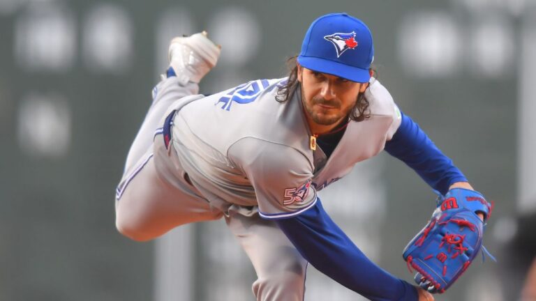 Toronto Blue Jays' Dylan Cease follows through on a pitch to a Boston Red Sox batter in the first inning of a baseball game, Tuesday, June 16, 2026, in Boston. (Steven Senne/AP)