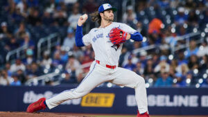 Toronto Blue Jays' Dylan Cease (84) works against the Philadelphia Phillies during first inning MLB baseball action in Toronto, on Tuesday, June 9, 2026. (Sammy Kogan/CP)