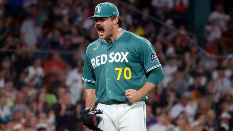 Boston Red Sox starting pitcher Payton Tolle reacts after getting the third out during the seventh inning of a baseball game against the New York Yankees, Friday, June 26, 2026, in Boston. (Mary Schwalm/AP)