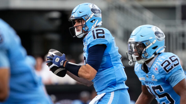 Toronto Argonauts quarterback Chad Kelly (12) prepares to throw the ball during first half CFL football action against the Ottawa Redblacks in Ottawa on Saturday, June 20, 2026. (Justin Tang/CP)