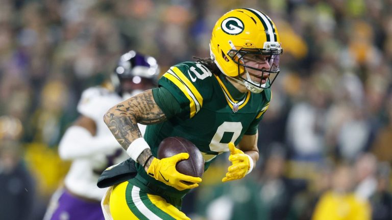 Green Bay Packers wide receiver Christian Watson (9) runs for a touchdown during an NFL game against the Baltimore Ravens, Saturday, Dec. 27, 2025, in Green Bay, Wis. (Jeffrey Phelps/AP)