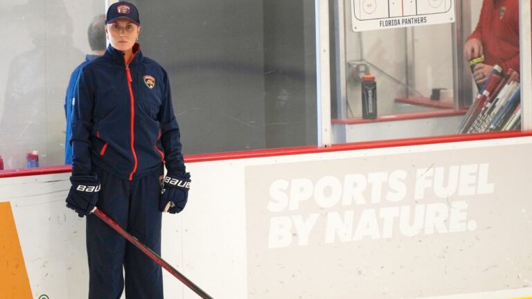 Christine Bumstead, a performance coach for the Saskatoon Blades in Canada's Western Hockey League, watches as Florida Panthers players do drills during NHL hockey training camp, Sept. 19, 2024, in Fort Lauderdale, Fla. (Lynne Sladky/CP)