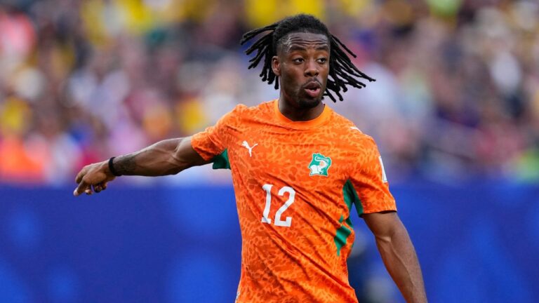 Ivory Coast's Elye Wahi (12) points out during the World Cup Group E soccer match between Ivory Coast and Ecuador in Philadelphia, Sunday, June 14, 2026. (Petr David Josek/AP Photo)